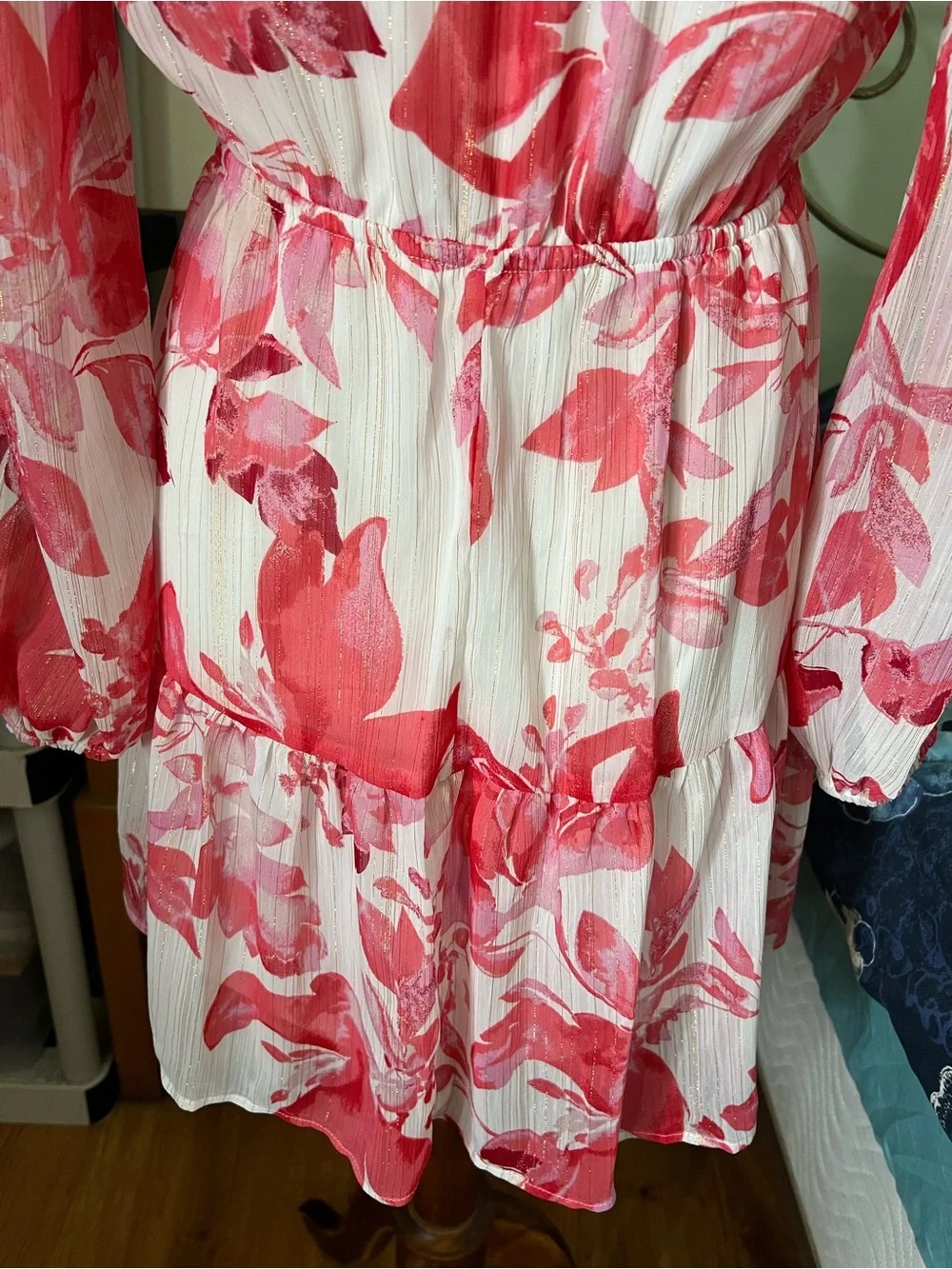 Mimi Chica Women’s Medium Floral Tie-Front Ruffle Tiered Dress in Pink and White